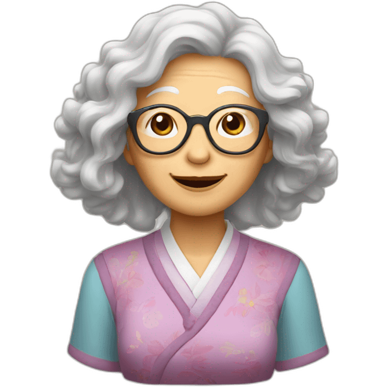 Chinese senior lady has wavy long hair wear glasses show love sign emoji