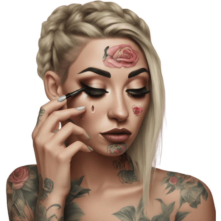 Hyper Realistic Beautiful tattooed woman applying her makeup while crying  emoji