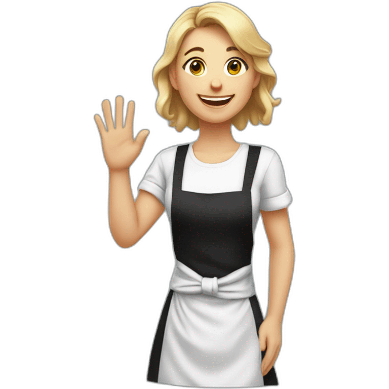 Slavic girl in a white T-shirt and black apron waves her right hand and smiles emoji