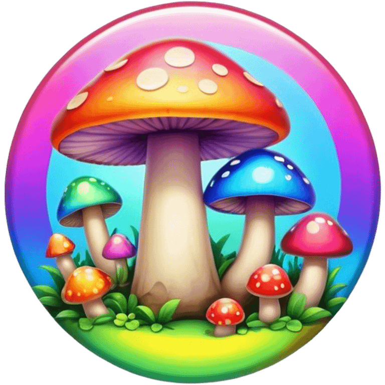 A round psychedelic colored button with bezeled edges and rainbow colored mushrooms emoji