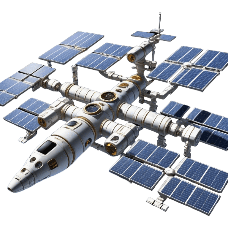  Cinematic Realistic Space Station – A highly detailed, sprawling orbital station with complex solar panels and intricate docking modules. The metallic structure glows faintly from reflected sunlight, with the curvature of Earth and the deep blackness of space in the background. emoji