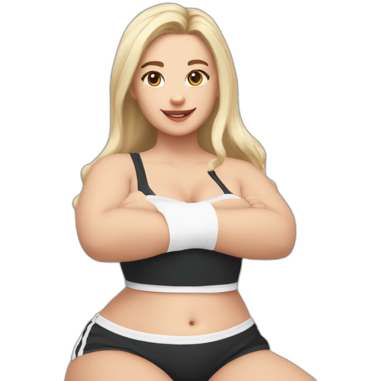 Front view full body curvy caucasian beauty sitting straight hands up black skirt white knickers white socks emoji