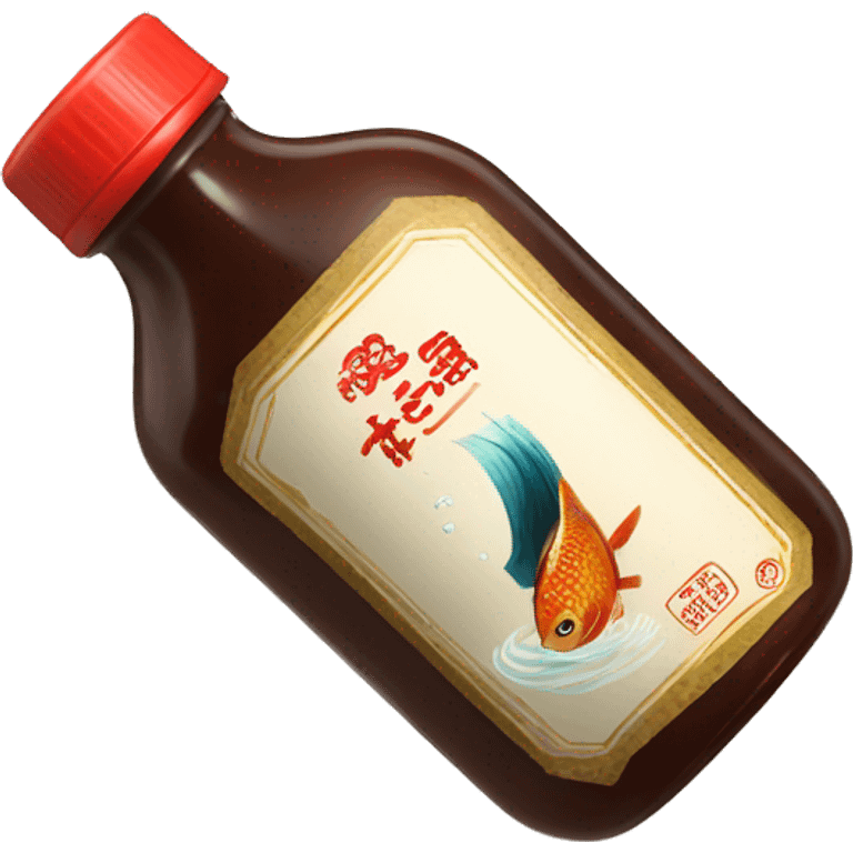 a bottle of fish sauce with a fish swimming on the tag, fish sauce is pouring out of the bottole emoji