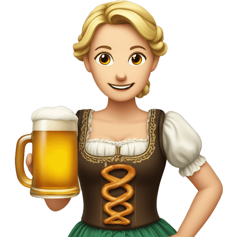 German Woman wearing a dirndl and holding a beer and a pretzel emoji