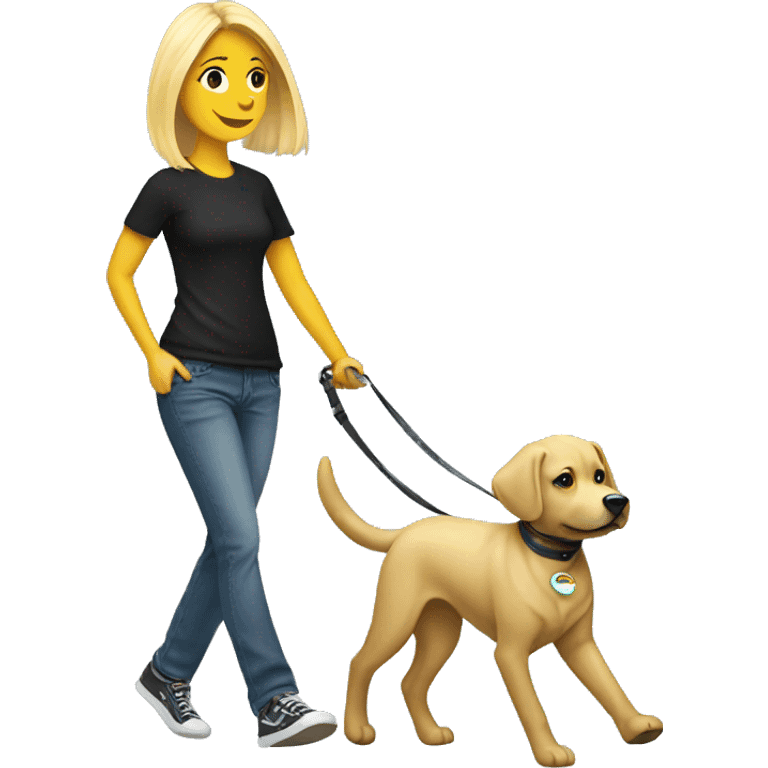 Blond tee walking  black dog emoji