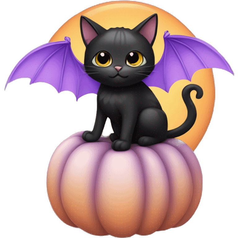 Cute black cat with bat wings sitting on a pumpkin holding a pastel Purple Heart emoji