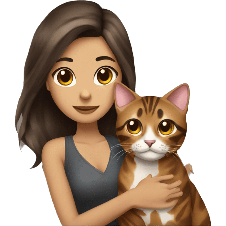 Beautiful woman long dark brown hair hug bengal cat emoji