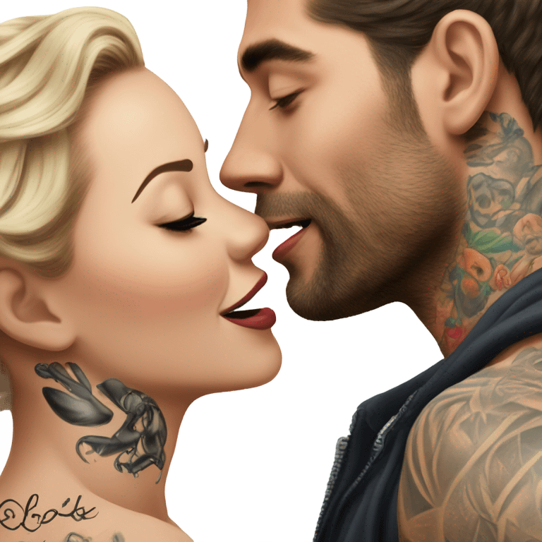 Photo Realistic beautiful woman kissing a very handsome tattooed man emoji