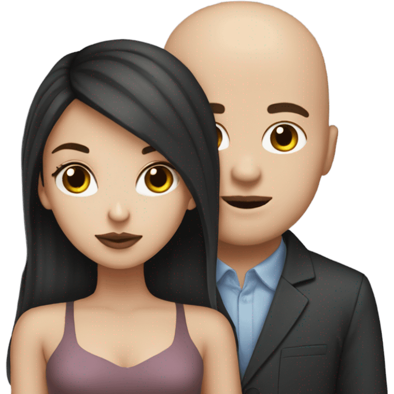 White girl dark hair kissing bald black man emoji