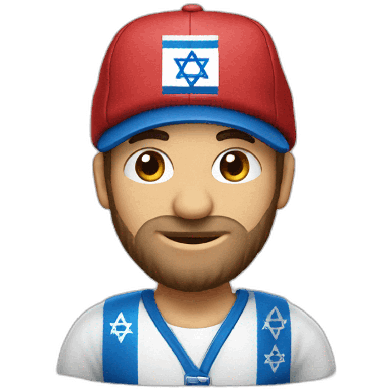 A man dressed in the colors of the State of Israel with a Star of David shirt and a cap on his head emoji