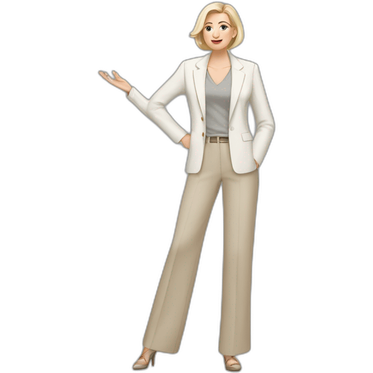 Full height Actively gesturing with hands pale skin woman with ash blonde Straightened bob Hair, White Spacious classical jacket, beige palazzo Arrow pants and gray blouse emoji