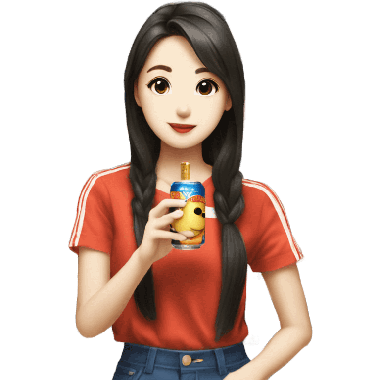 Korean girl drinking canned Suntory highball in hongkong don don donki emoji