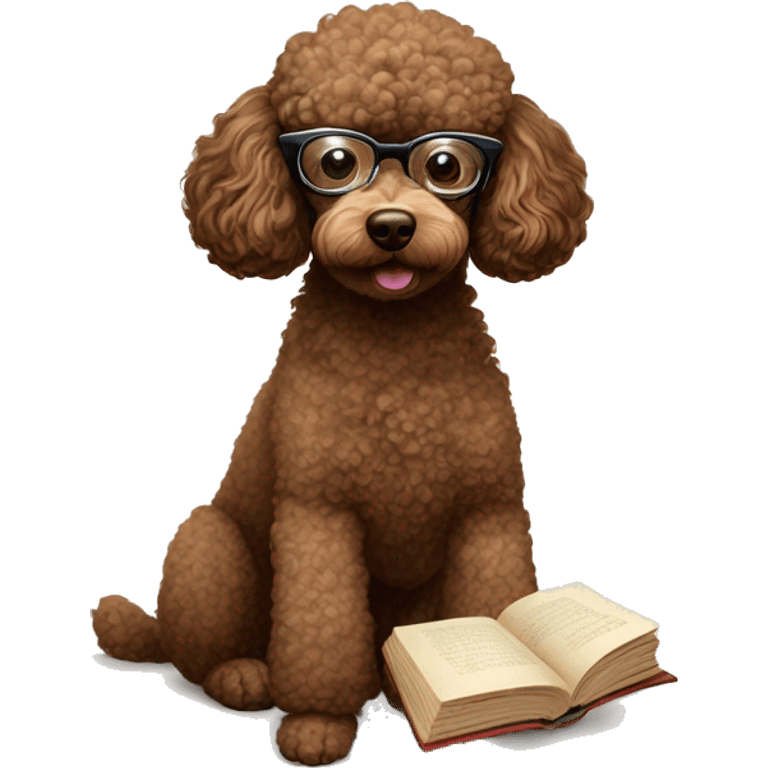 Brown poodle with wire rim glasses reading a book emoji