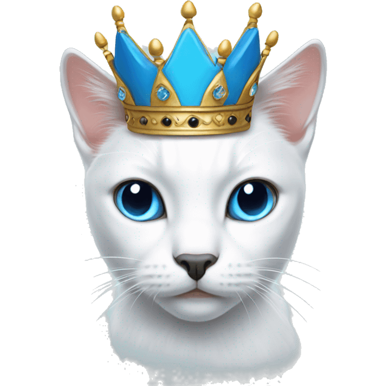 White cat with black head and blue eyes wearing a crown emoji