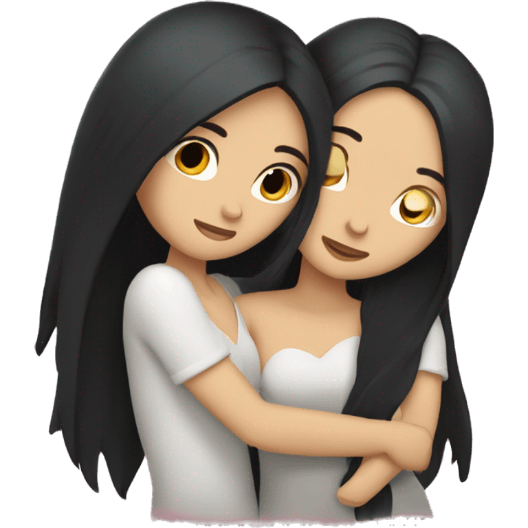 A lesbian couple with white skin and long black hair hugging intimately emoji