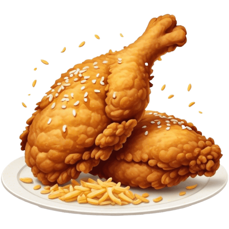 Cinematic crispy fried chicken, golden and crunchy, juicy inside, steaming as it is freshly served, sprinkled with seasoning, rich golden tones, inviting and delicious. emoji