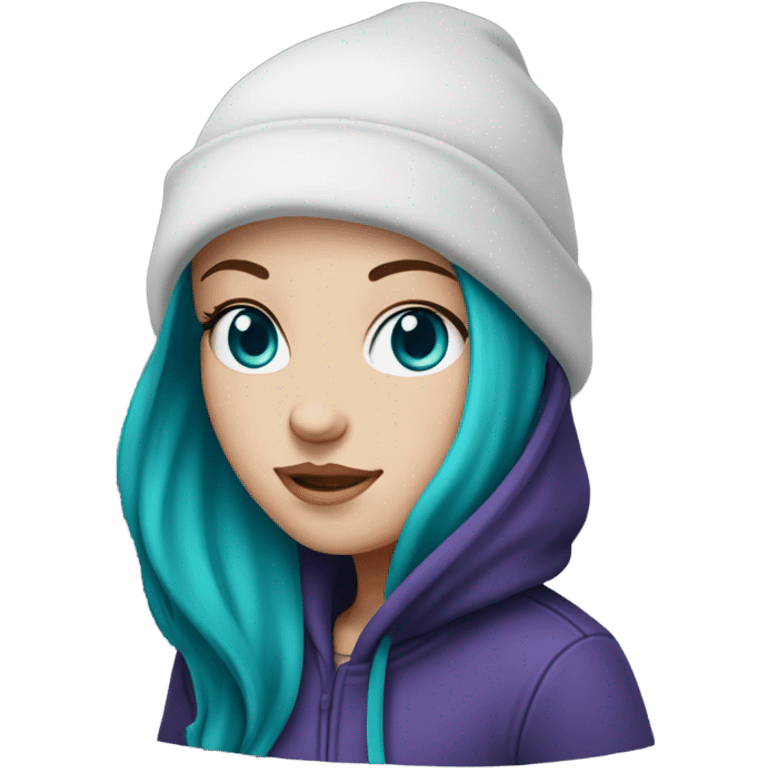 White girl, blue eyes, long teal hair, purple beanie hat, black hoodie emoji