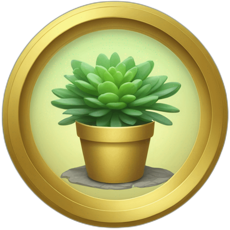 shrubbery in a circular shape behind a circular golden plate with a succulent inside it emoji