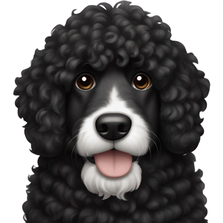 A big bernadoodle dog, curly hair all black. All black except for white on its neck. an all black face emoji