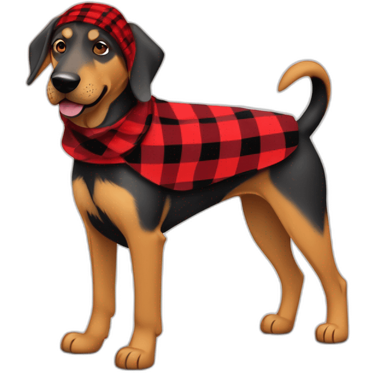 adult 75% Coonhound 25% German Shepherd mix dog with visible tail wearing small pointed red buffalo plaid bandana full body walking left emoji