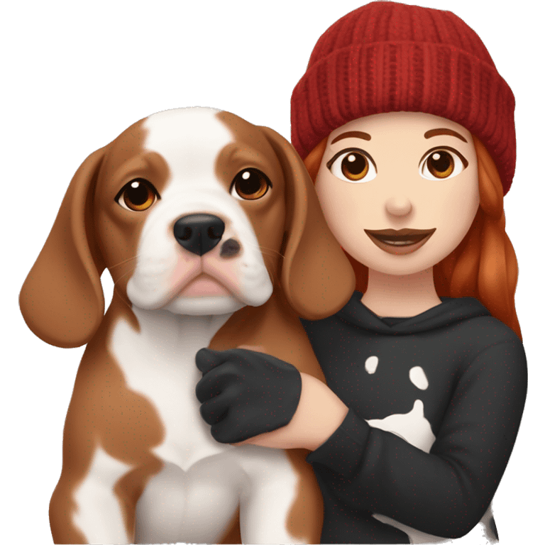 Long Red haired woman in beanie with septum piercing holding black and white English Staffordshire puppy emoji