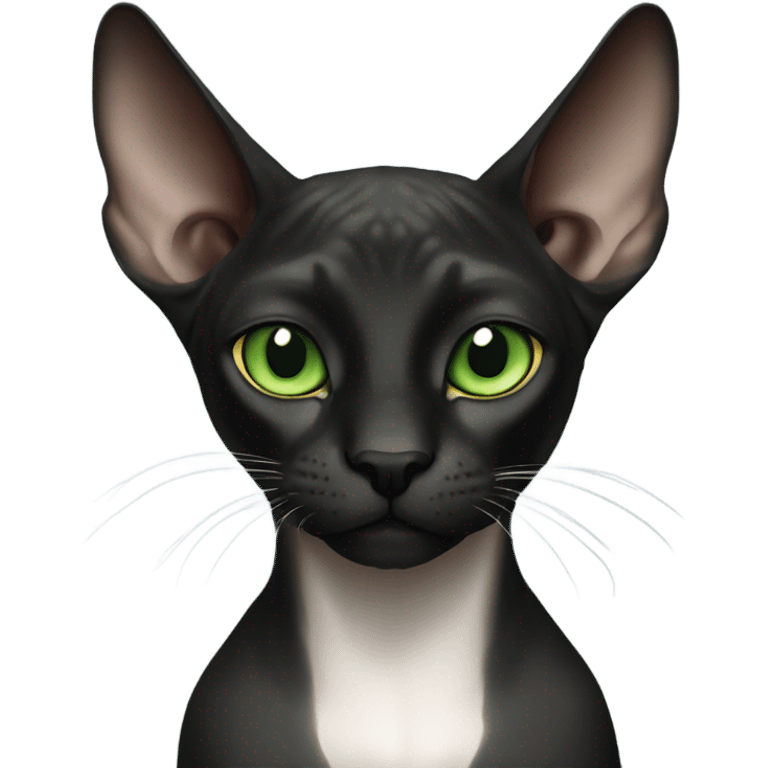 black sphinx cat with green eyes and a white spot on the mouth  emoji