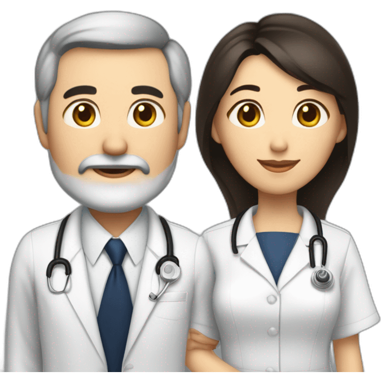 husband american age 64 dark brown hair trimmed beard wearing business suit holding bible together, wife asian age 64 black shoulder length hair wearing nurse uniform, no children emoji