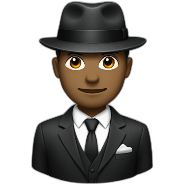 A cobalt black/grey skined man wearing a black formal suit with a black tie, wearing a fedora with a white accent color and no pupils. emoji