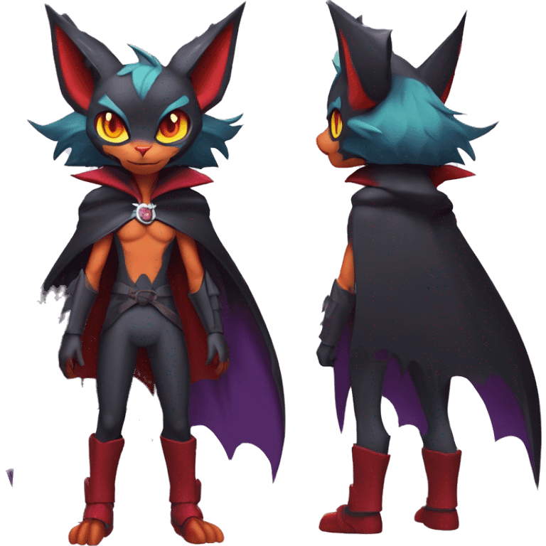  Anthro Kawaii Edgy Cool Vampiric Demonic Beautiful Noivern-Nargacuga-Litten with big Bat Ears and wearing a cape and collar full body emoji