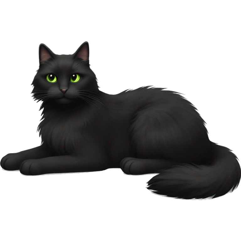 Black extra furry long haired cat fluffy tail fully body laying down with light green eyes emoji