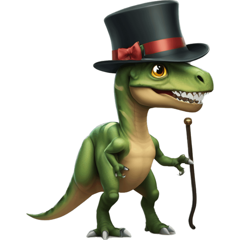 Dinosaur using fancy accessories like a monocle, a tophat, a bow and also a cane emoji