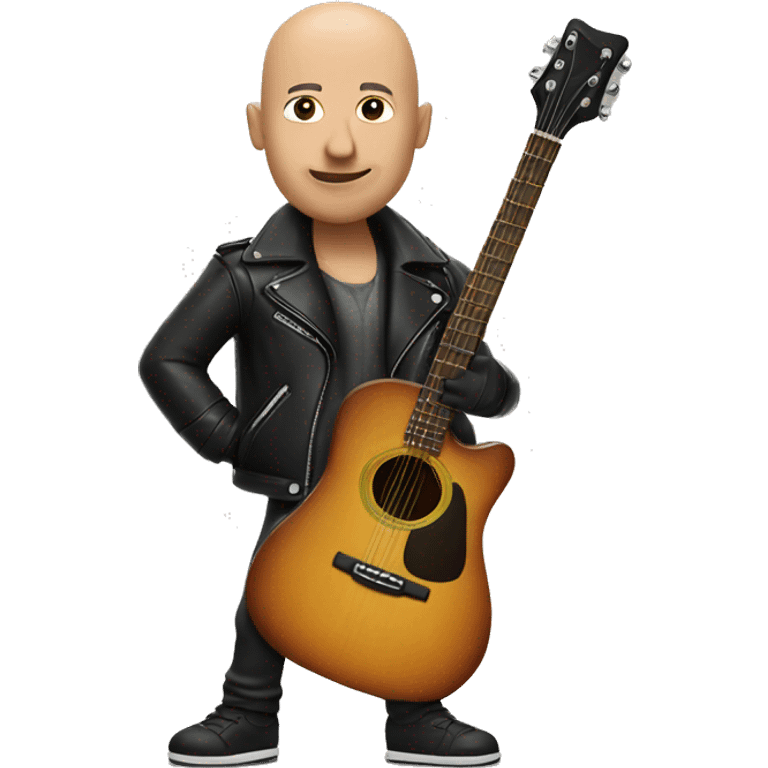 bald musician with guitar indoors and leather jacket emoji