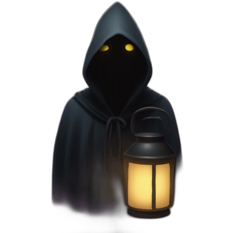 A mysterious figure cloaked in shadows, illuminated only by the soft glow of a lantern ,emoji emoji