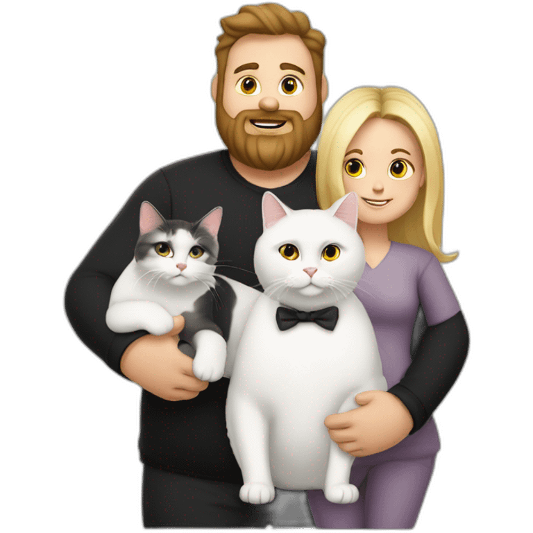 Family photo a fat husband with a beard is holding a white cat and wife with straight hair is holding another black cat emoji