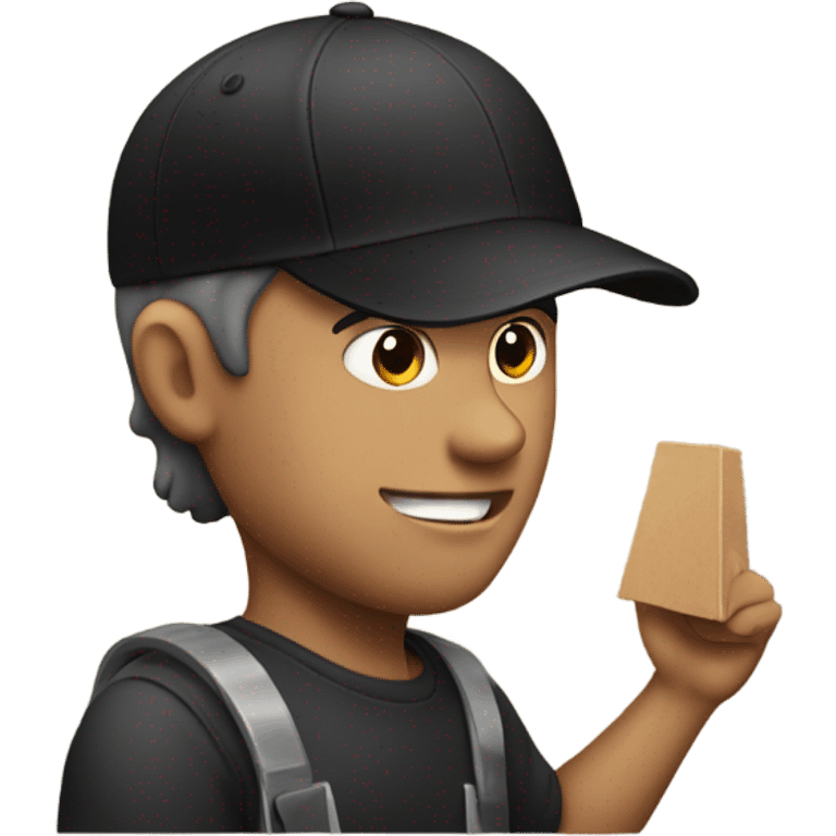 Man wearing black backwards cap installing a sign emoji