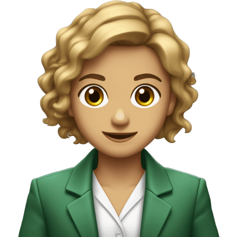 uma jovem de cabelo castanho com mechas loiras de tamanho médio, olhos verdes, vestindo uma blusa branca com blazer, sorrindo e de braços cruzados. emoji