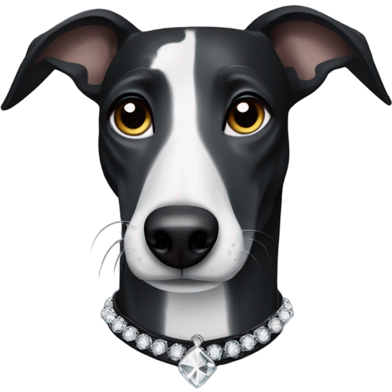 Black greyhound with white diamond shaped spot wearing a black collar  emoji