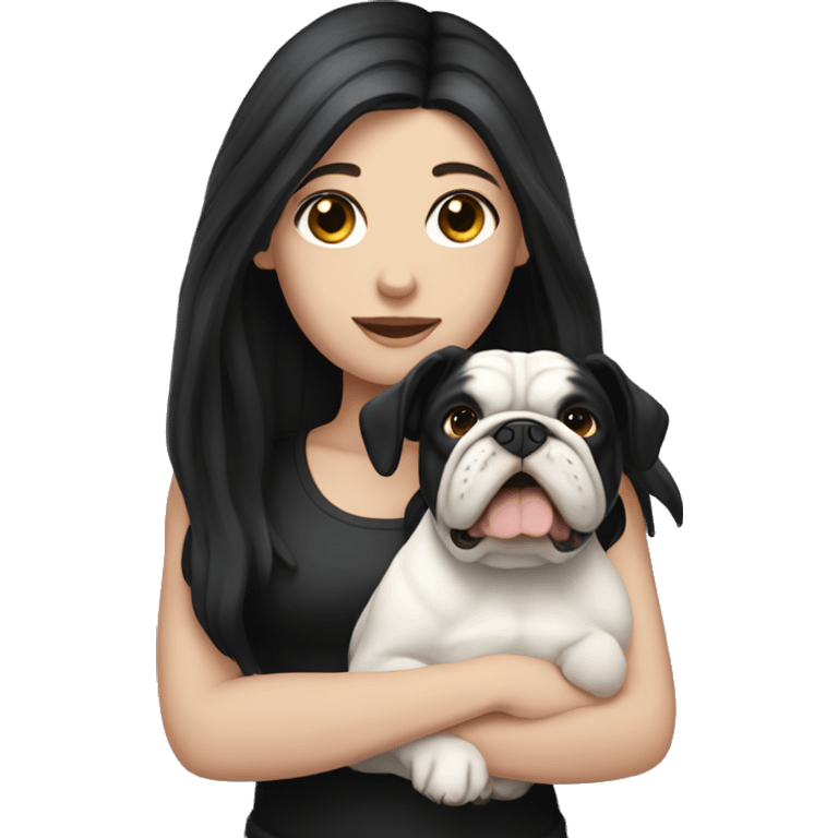 white girl with long black hair holding a white and black bulldog emoji