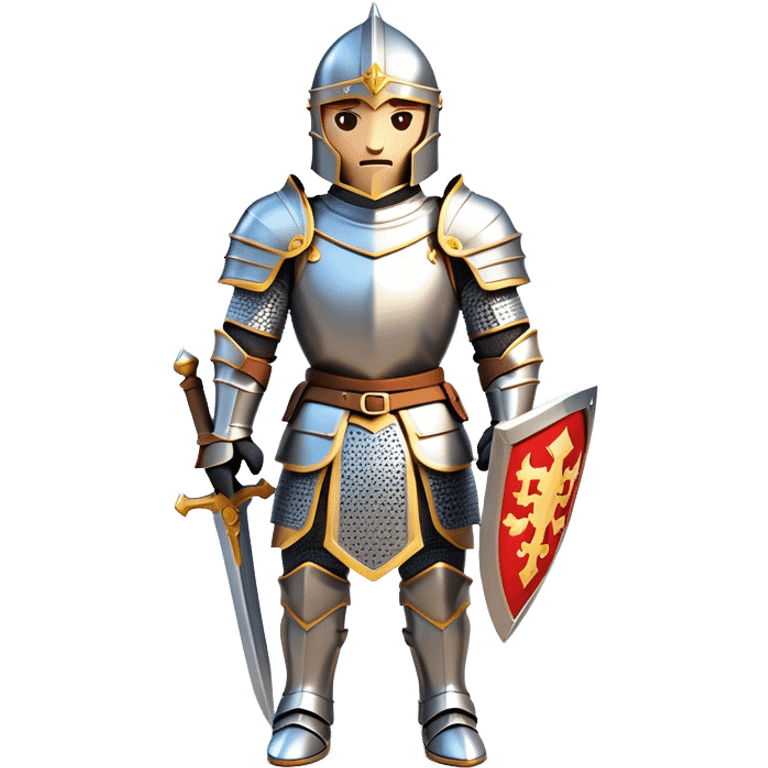 Clash of Clans aesthetic: Cinematic heroic Armored Knight Hero Emoji, rendered in a 3D vector-style similar to standard emojis with minimal shading and bold, simplified shapes. A compact, isometric warrior clad in gleaming plate armor with intricate heraldic details, softly glowing with a chivalrous medieval charm. Simplified yet unmistakably iconic, highly detailed and consistent, glowing with a soft radiant shine and high polish. Stylized with a touch of noble valor and a soft glowing outline, wearing a full face helm so that no face is visible with only eyes visible, capturing the essence of a gallant knight ready for honorable battle with a friendly, playful manner! emoji