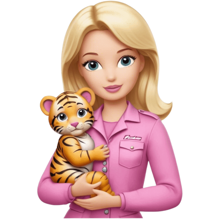 Blonde zookeeper Barbie wearing pink outfit, holding a baby tiger emoji