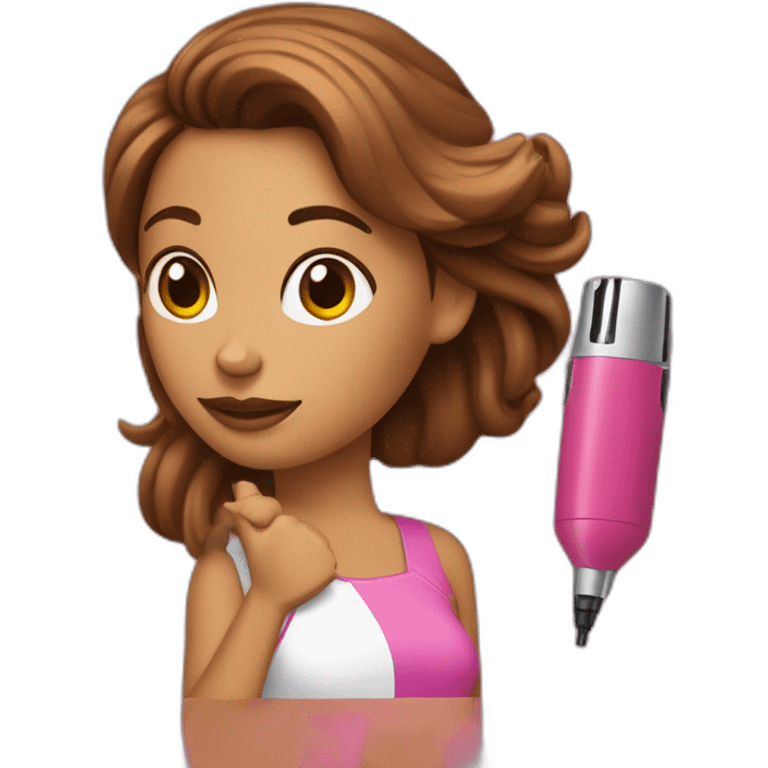 Chica con piel bronceada y pelo marron y una computadora de apple rosa emoji