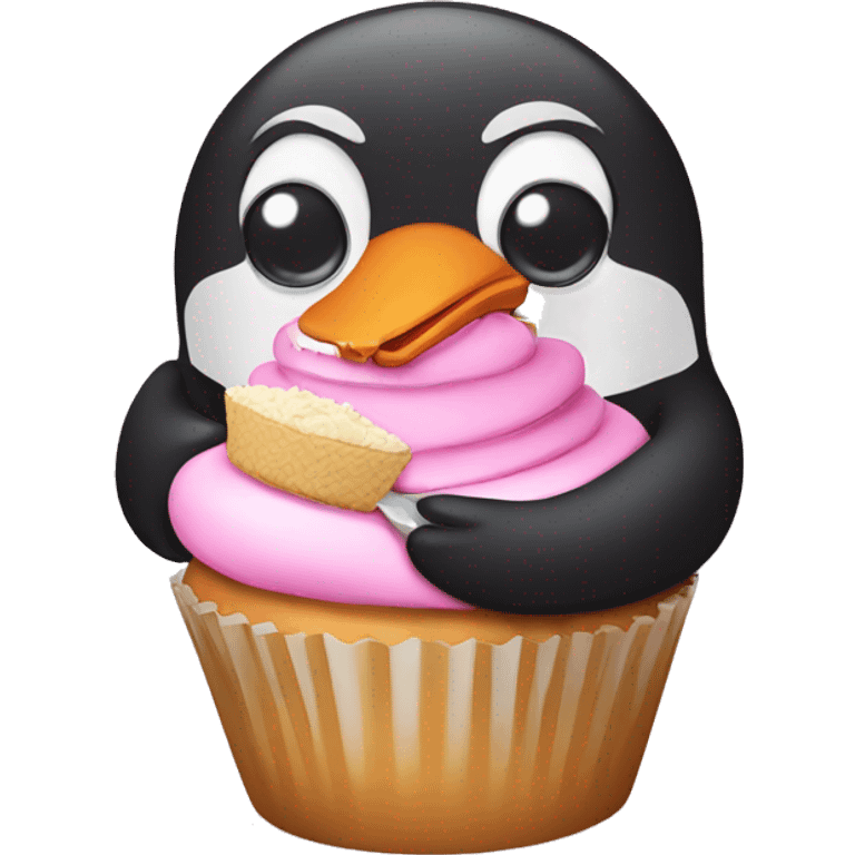 Pink pinguin eating a cupcake emoji