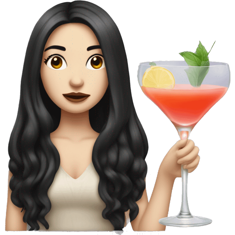 Pale girl with long black hair holding cocktail emoji