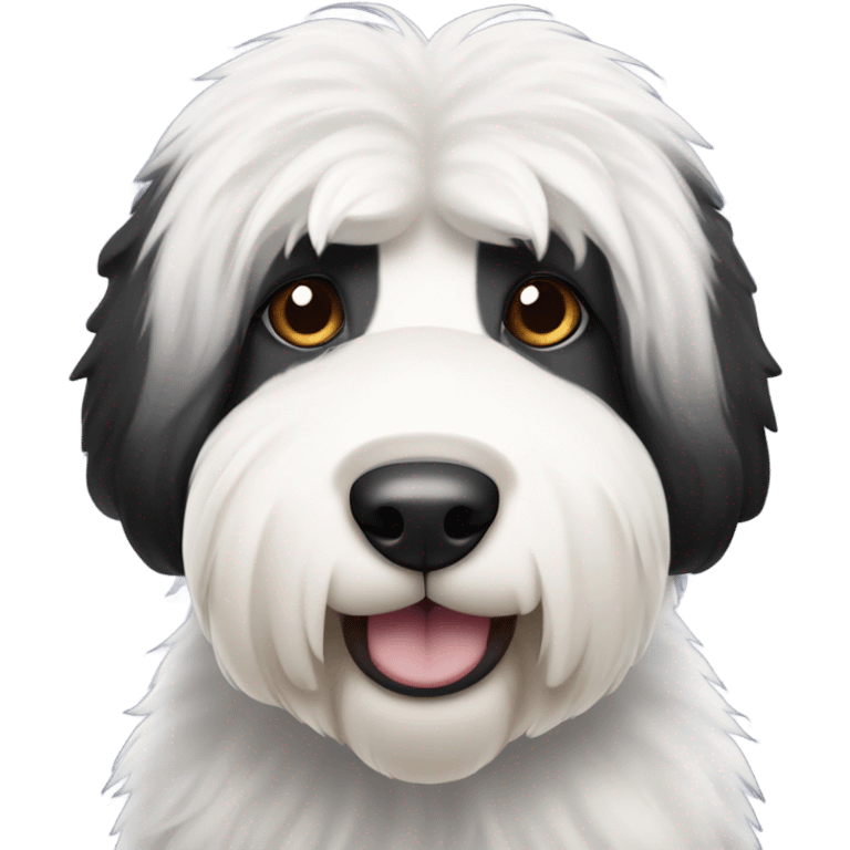 Old English sheepdog with a face that’s half black and half white. More black on left side than previous generation. Longer ears only one eye is black emoji