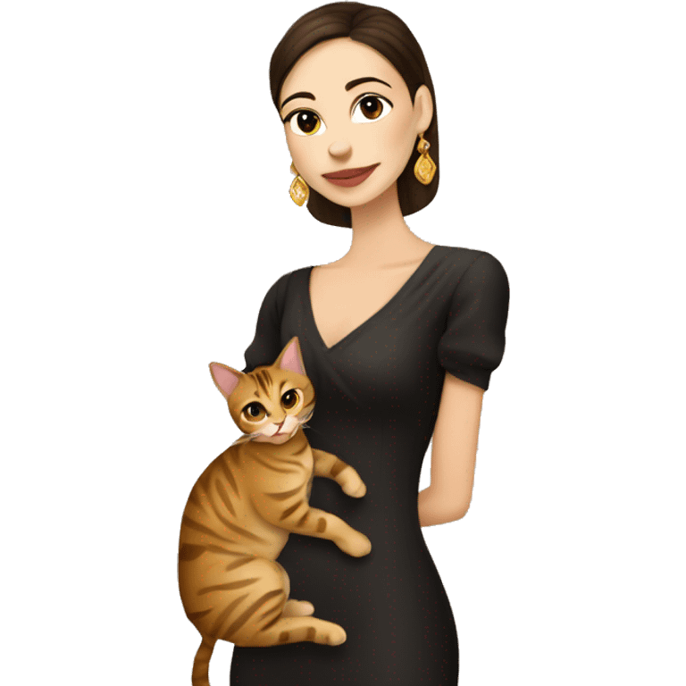 Beautiful skinny woman long dark brown hair in dark dress with gold earrings hug bengal cat emoji