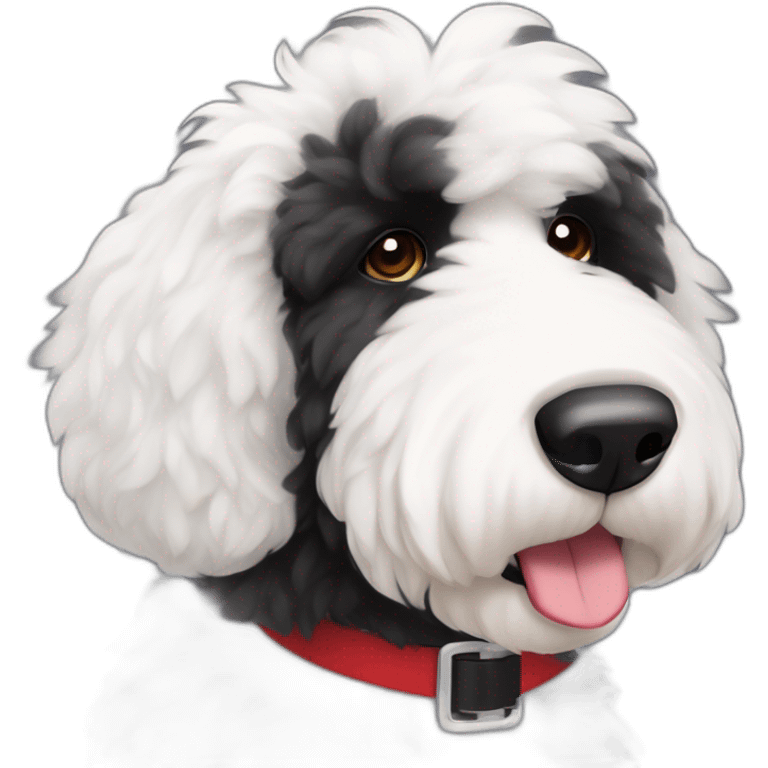 handsome sheepadoodle, white center of chest, black shoulders, red collar, white on thin center of face and mustache, black fur on eyes and outside of face,nice mustache, great posture emoji