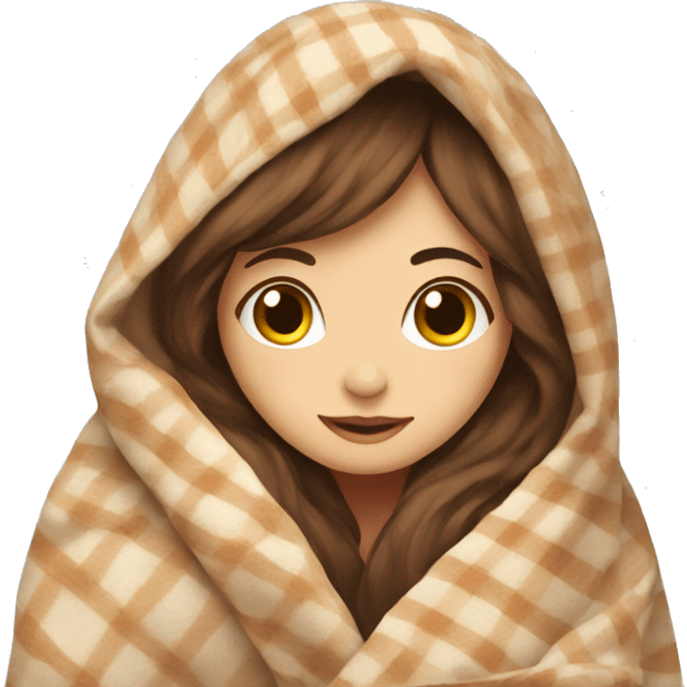 Girl with brown hair cozy in her blanket with tea emoji