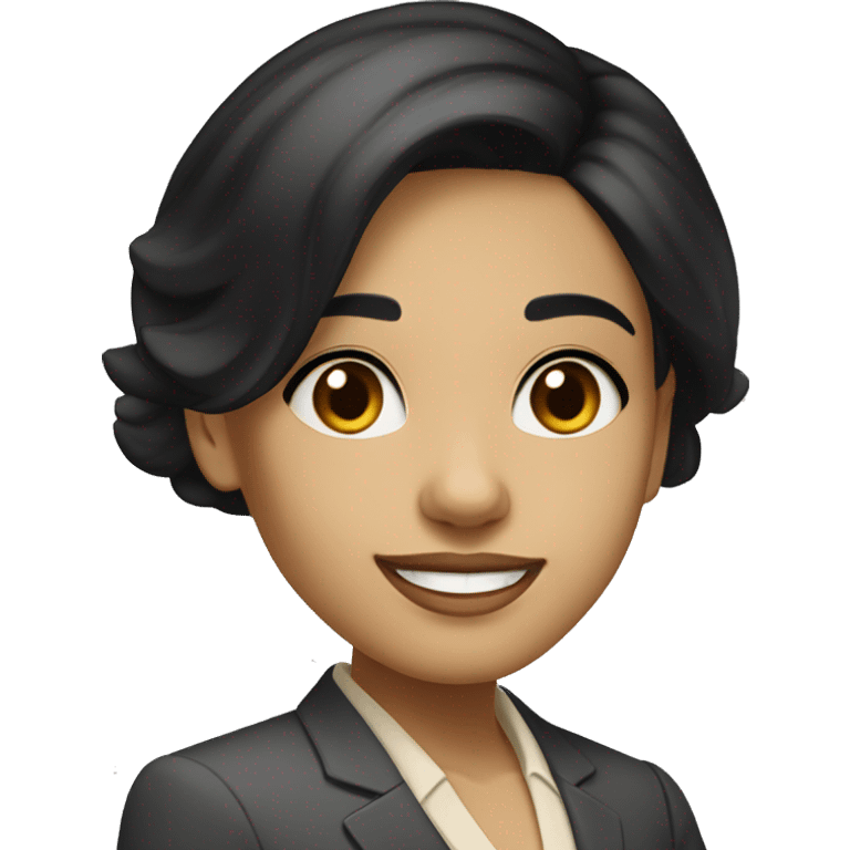 a girl with medium straight black hair, parted in the middle, slanted but not too slanted eyes, medium beige skin color smiling in a business outfit emoji