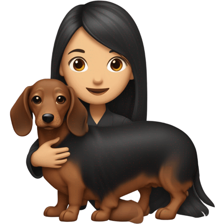 an Asian girl with long hair, hugging a black and tan long haired dachshund with a branch in its mouth emoji