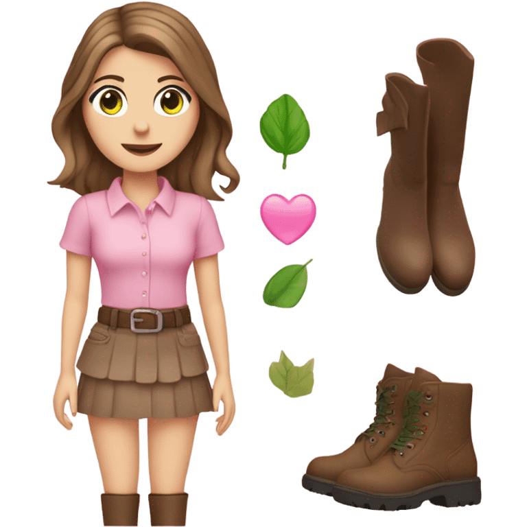 White girl with brown hair and green eyes, wearing a pink shirt and pink skirt and boots ￼ emoji